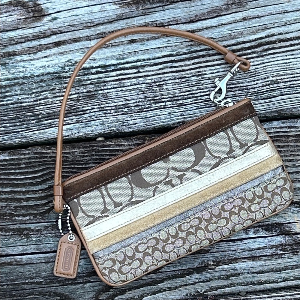 Coach Signature Patchwork Stripe Wristlet Clutch Brown Tan Canvas Y2K - Picture 8 of 9